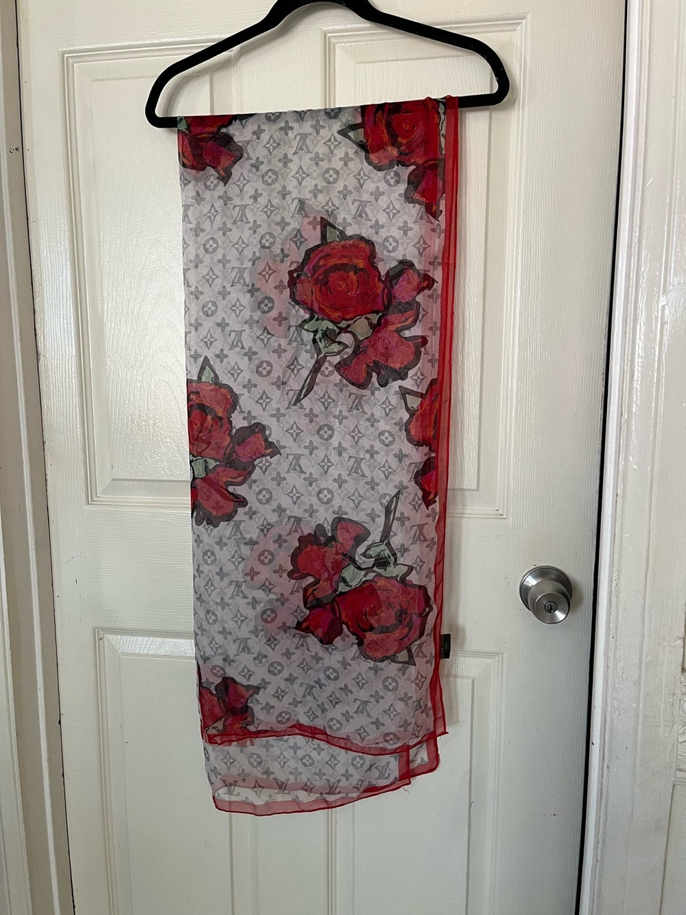 Louis Vuitton Sheer Scarf with Red Rose Motif and Gray Monogram